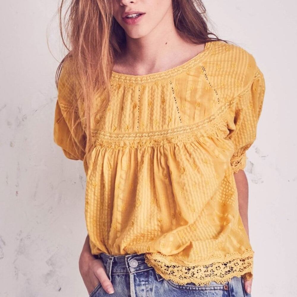 LoveShackFancy Mustard Yellow Eyelet Peasant Blouse
